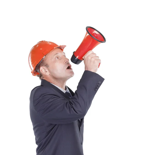 Serieuze ingenieur met een schreeuwende megafoon. foto met kopieerruimte — Stockfoto