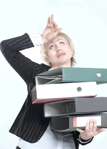 Astonished business woman with stack of documents — Stock Photo, Image