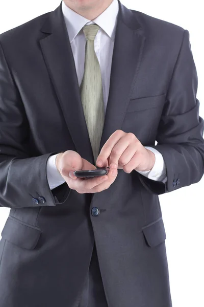 Fecha. empresário digitando SMS no smartphone — Fotografia de Stock