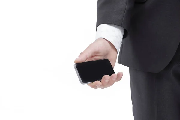 Zamknij up.businessman holding phone.photo komórki z miejsca kopii — Zdjęcie stockowe