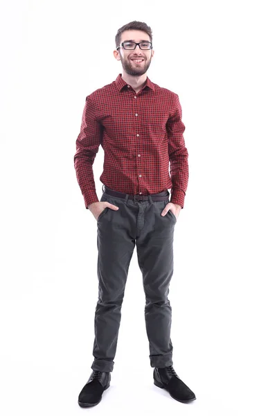 In volledige growth.portrait van een moderne man met bril en plaid shirt.isolated op wit — Stockfoto