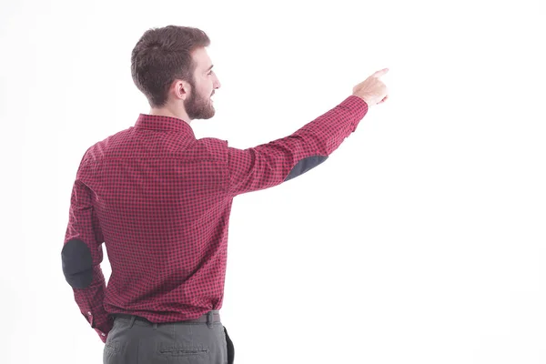 View.a traseiro empregado bem sucedido apontando para o espaço cópia. isolado em branco . — Fotografia de Stock