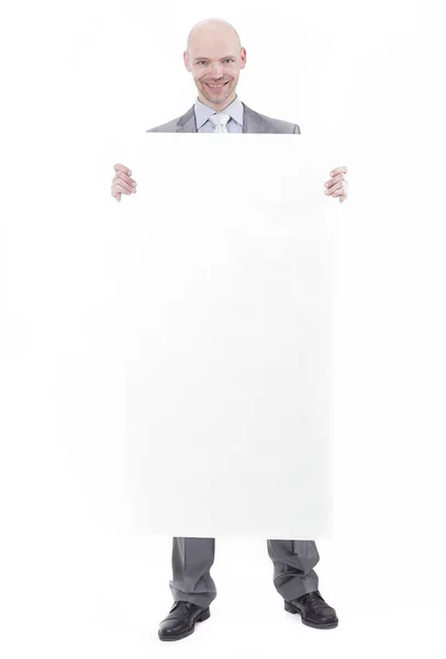 Guapo hombre de negocios mostrando pancarta en blanco.aislado en blanco — Foto de Stock