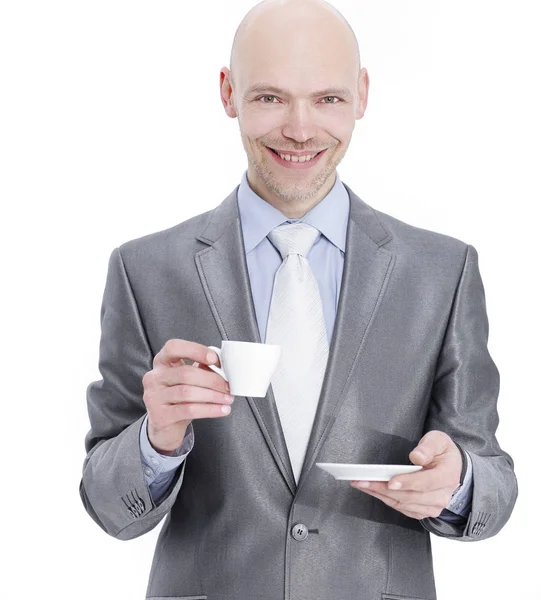 Gros plan. Un homme d'affaires prospère avec une tasse de café . — Photo