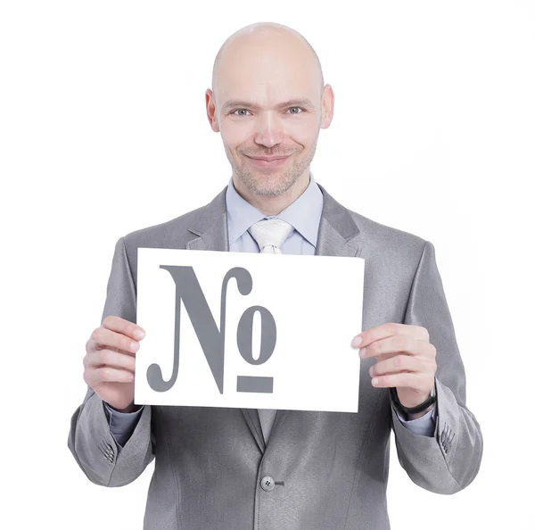 Confident businessman holding a banner with the sign of the num — Stock Photo, Image