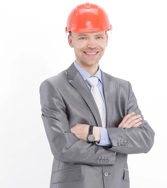 Портрет впевненого інженера в помаранчевому шоломі . — стокове фото