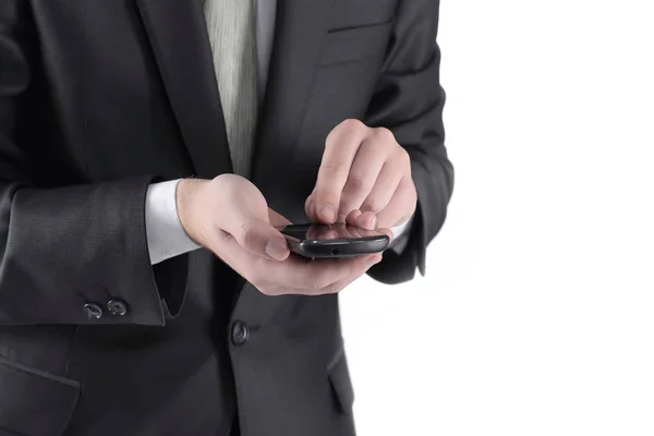 Nahaufnahme. Geschäftsmann tippt SMS auf Smartphone — Stockfoto