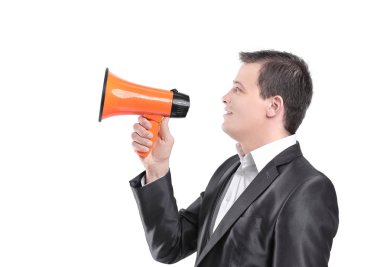 megaphone.isolated üzerinde beyaz ile kendine güvenen genç işadamı