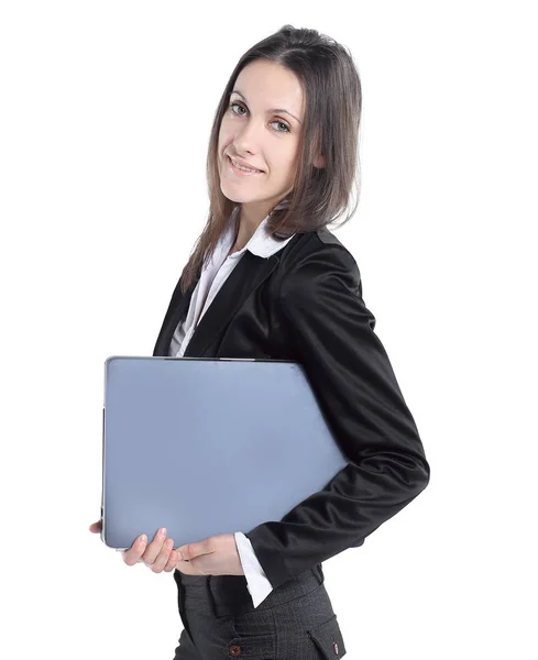 白い背景の上の開いている laptop.isolated で成功したビジネスウーマン — ストック写真