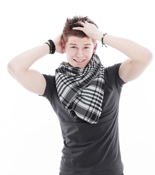 Young man in a t-shirt and scarf.isolated on a white — Stock Photo, Image