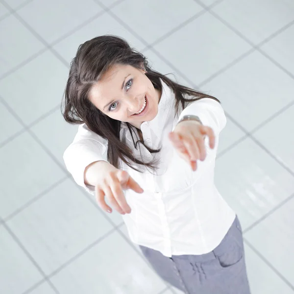 View from the top.in full growth.successful business woman showing forward — Stock Photo, Image