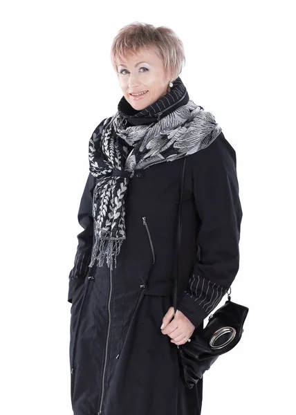 Donna alla moda in un cappotto nero e scarf.isolated su bianco . — Foto Stock