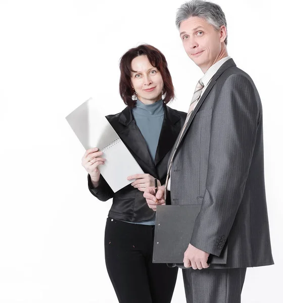 Zakenman en vrouwelijke assistent werk kwesties bespreken. — Stockfoto