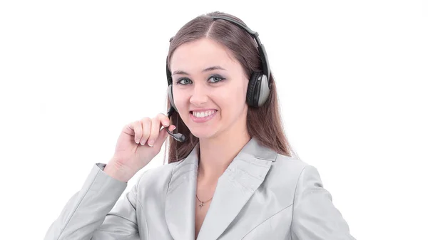 Closeup.portrait de um call center de funcionários com fone de ouvido . — Fotografia de Stock