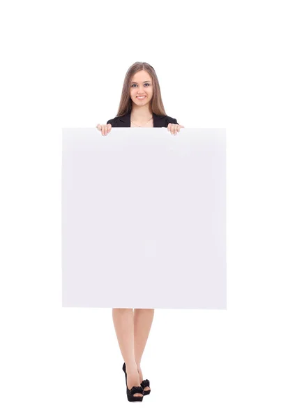 Young business woman showing blank poster. isolated on a white — Stock Photo, Image