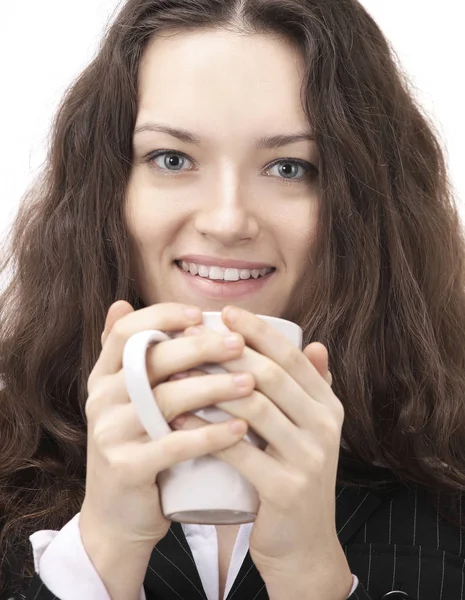 Closeup.successful affärskvinna med en kopp kaffe — Stockfoto