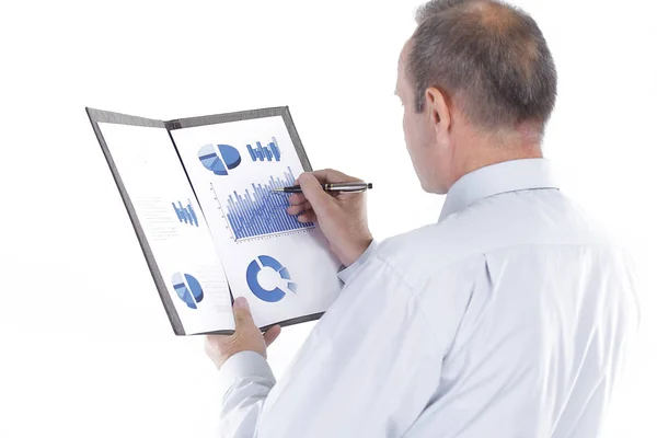 Rear view.businessman reading a financial document. photo with copy space — Stock Photo, Image