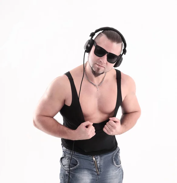DJ-rapero con estilo en los auriculares. Aislado sobre fondo blanco — Foto de Stock