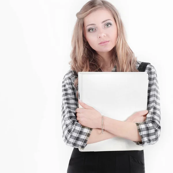 Assistente femminile responsabile con documents.isolated su un bianco — Foto Stock