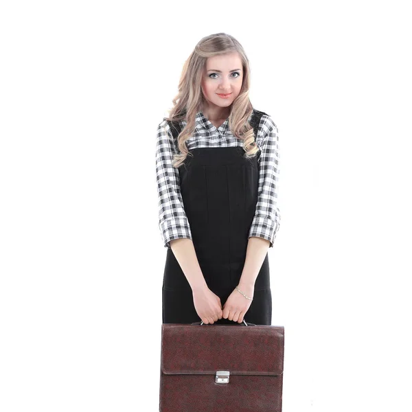 Молодая деловая женщина с бизнес кожаным портфелем . — стоковое фото