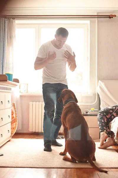 Hombre joven hablando con su perro mascota en un apartamento moderno . — Foto de Stock