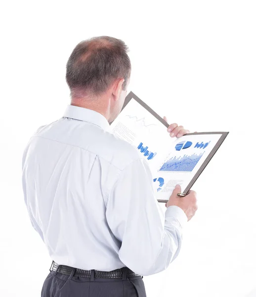 Hombre de negocios leyendo un documento financiero. foto con espacio de copia —  Fotos de Stock