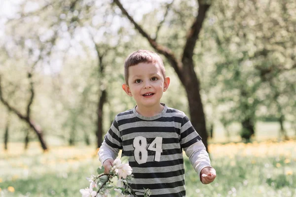 Portret małego chłopca na tle kwitnącego ogrodu — Zdjęcie stockowe