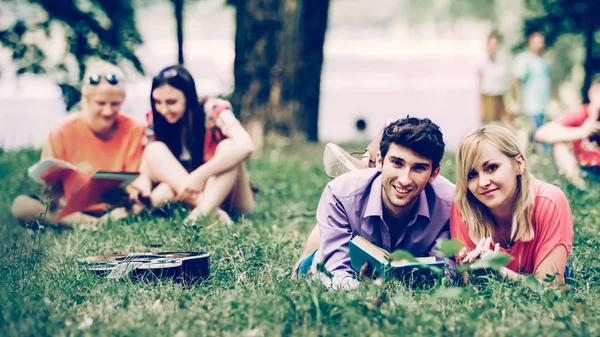 Paar erfolgreiche Schüler mit einem Lehrbuch im Park an einem sonnigen Tag — Stockfoto