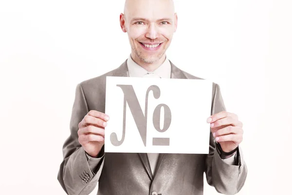 Homme d'affaires confiant tenant une bannière avec le signe du num — Photo