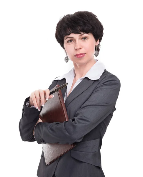Mujer de negocios leyendo cuidadosamente un documento de negocios —  Fotos de Stock