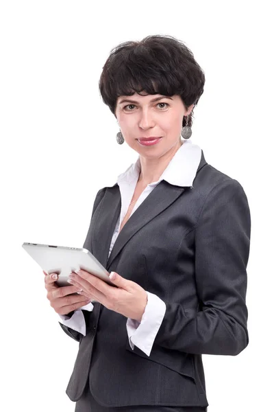 Mujer de negocios moderna con tablet.isolated digital en blanco — Foto de Stock