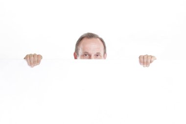 boş beyaz posteri ile iş adamı. kopya alanı ile fotoğraf