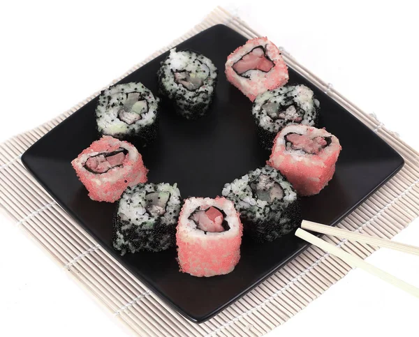 寿司套装--不同类型的 "希吃寿司" 和 "筷子 b" — 图库照片