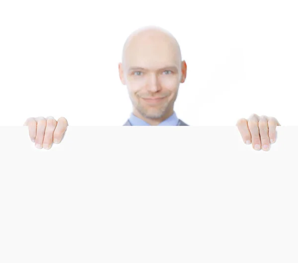 Guapo hombre de negocios mostrando pancarta en blanco.aislado en blanco —  Fotos de Stock