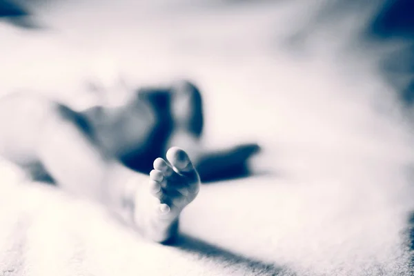 Černá- a - bílá fotografie v retro stylu - noha novorozence, který je — Stock fotografie