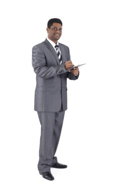 Belgelerle Executive iş adamı. Beyaz arka plan üzerinde izole