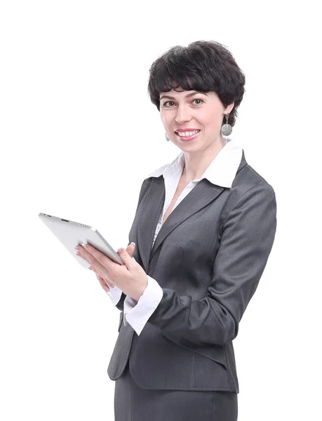 Mujer de negocios moderna con tablet.isolated digital en blanco — Foto de Stock