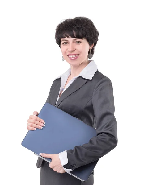 ノート パソコンと近代的なビジネス女性。白で隔離 — ストック写真