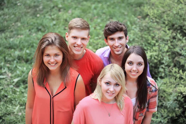 Retrato de un grupo de jóvenes exitosos en un césped verde — Foto de Stock