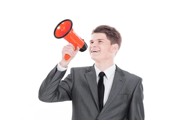 Young businessman with a megaphone.isolated on a white — Stock Photo, Image
