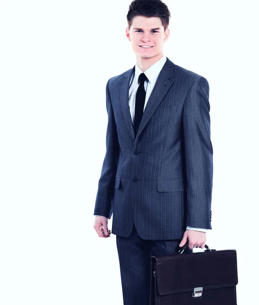 Ung affärsman på en vit bakgrund leende med portfölj — Stockfoto