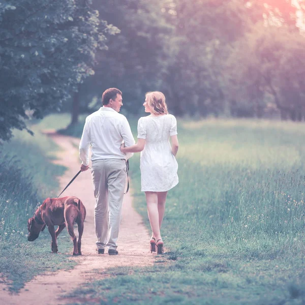 Lyckliga par blivande föräldrar på promenad med hunden i parken — Stockfoto