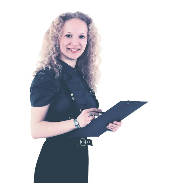 Bonita mujer de negocios rubia con un informe en sus manos — Foto de Stock