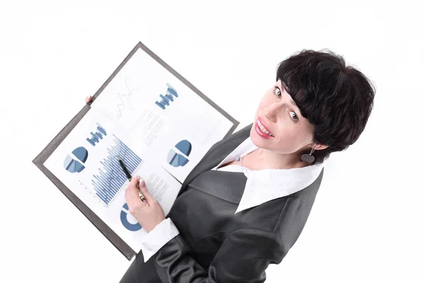 De cerca. mujer de negocios analizando datos financieros — Foto de Stock
