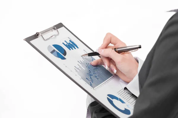 Rum Executive business kvinna studerar finansiella data. isolerade — Stockfoto