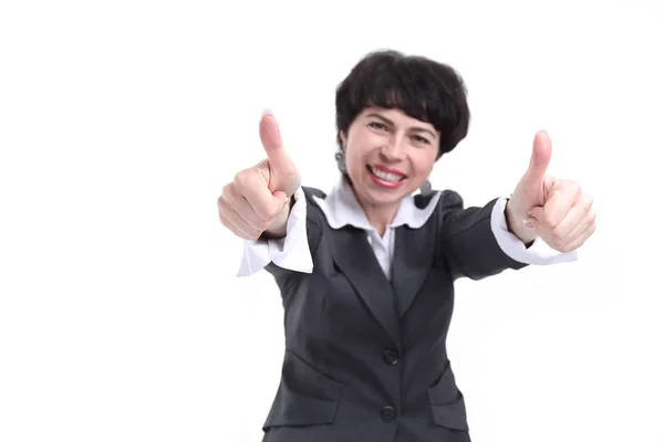 Закрывай. счастливая деловая женщина, показывающая большие пальцы вверх Лицензионные Стоковые Фото