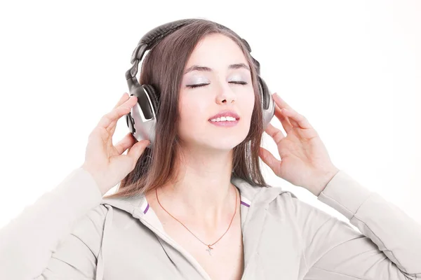 Closeup. modern young woman in headphones . isolated on a white — Stock Photo, Image