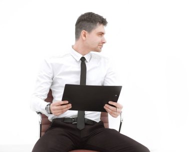 Ofis koltuğu oturma Pano ile özenli iş adamı