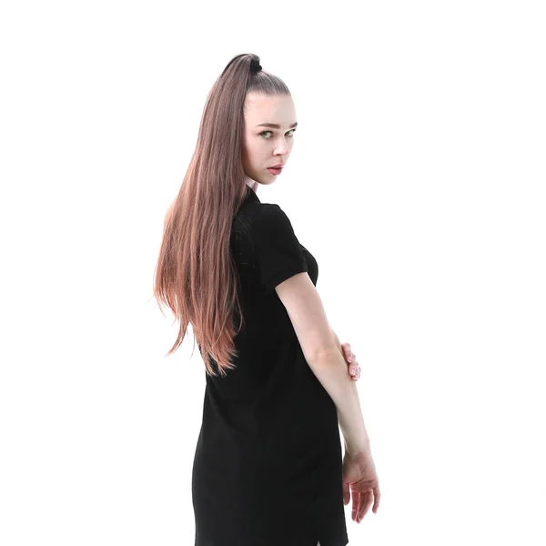 Modelo de mujer view.beautiful trasera en vestido negro corto .isolated en blanco —  Fotos de Stock