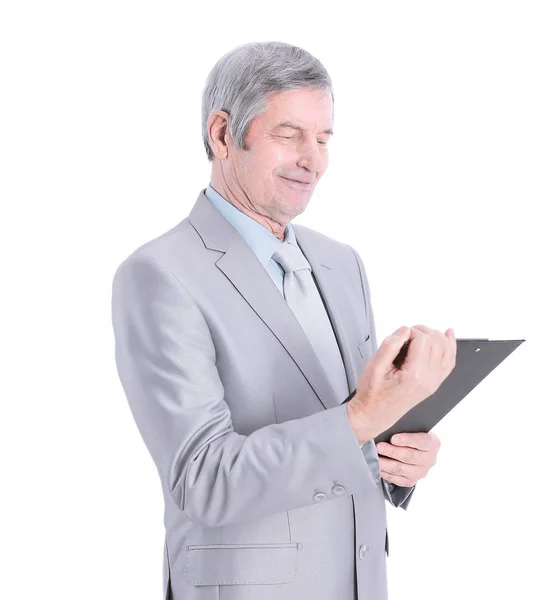 Mature businessman with documents.isolated on a white — Stock Photo, Image